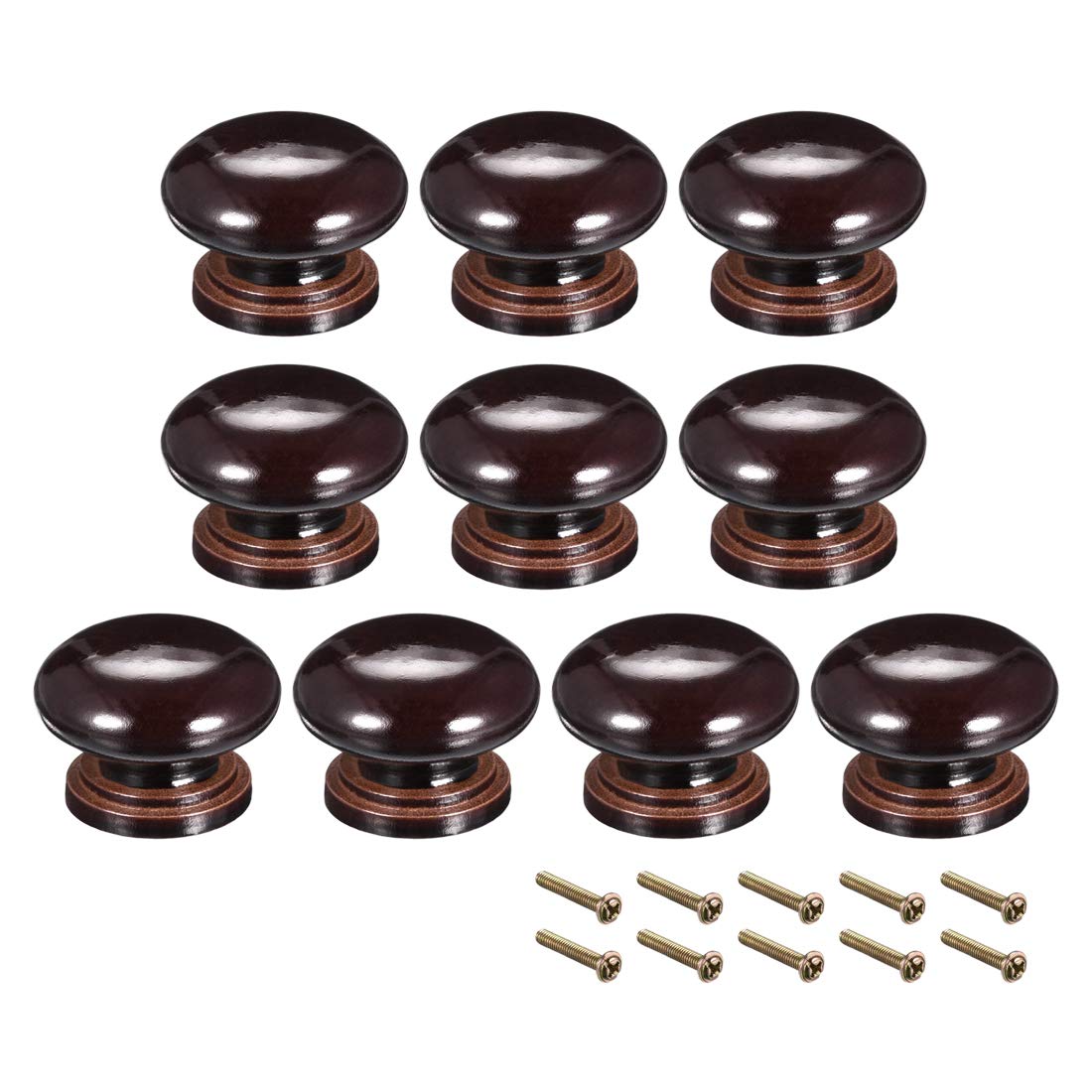 sourcing map Round Wood Knobs,10Pcs 34mm Dia Cabinet Furniture Kitchen Pulls Handles for Drawer Cupboard, Dark Brown