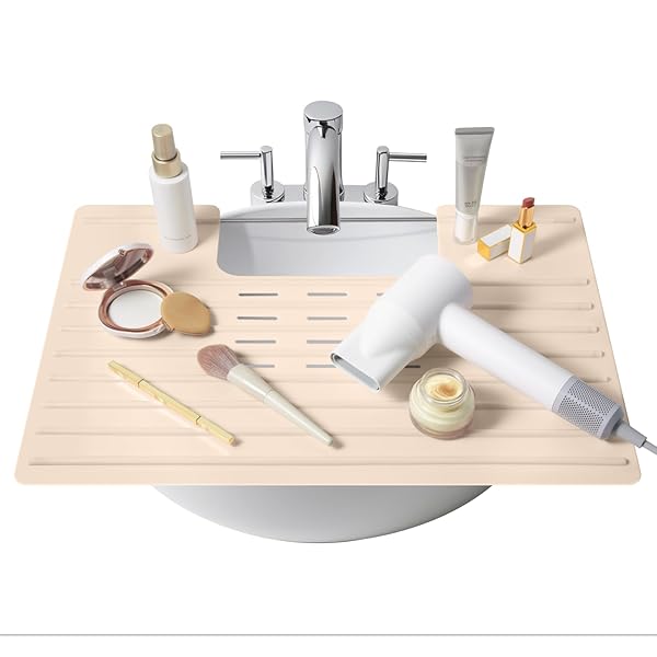 MAPLEFIELD BATHROOM SINK COVER FOR COUNTER SPACE, HEAT RESISTANT SILICONE SINK MAT FOR YOUR BEAUTY ROUTINE, SMALL BATHROOM SPACE SAVER SINK COVER FOR MAKEUP (BEIGE LARGE, 22 X 2 X 2 INCHES)