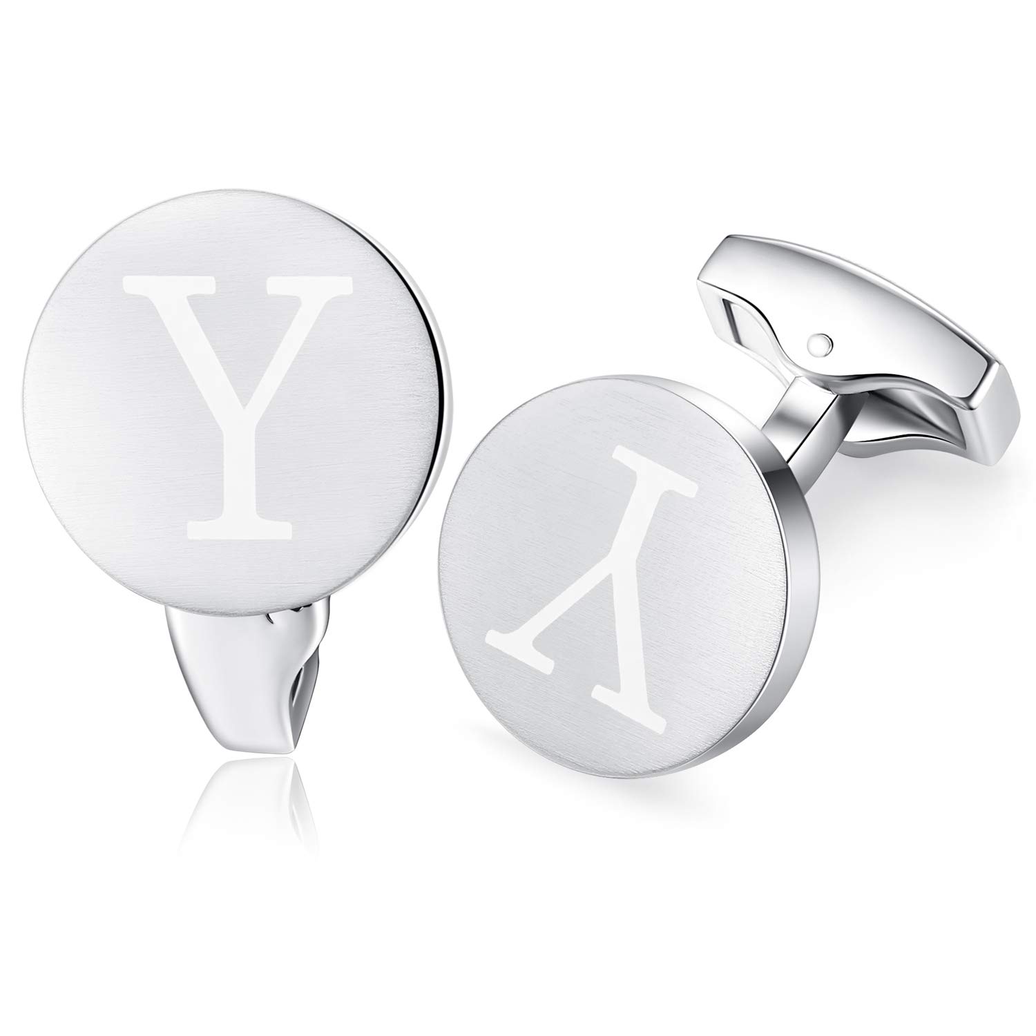 HONEY BEAR Initial Alphabet Letter Cufflinks for Men, Brushed Silver Round Shape Stainless Steel Wedding Business Cufflinks, A - Z (Y)