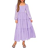 YOVION Girls Fall Long Sleeve Maxi Dress Chiffon A-Line Smocked Tiered Flowy Formal Wedding Guest Dresses for 6-12 Y