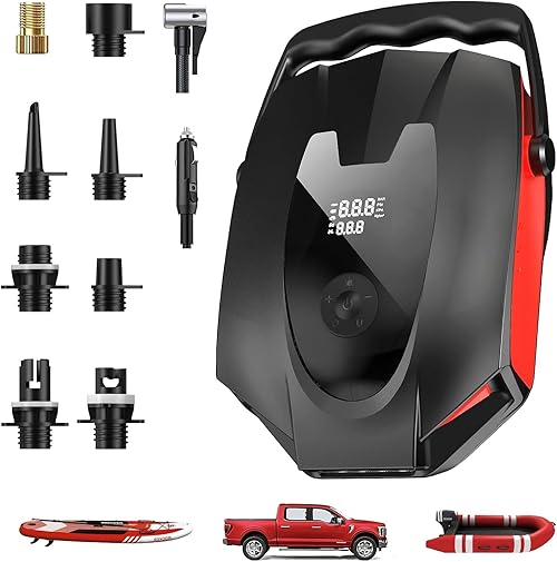 ZFOX 50PSI Paddle Board Pump, Portable Electric SUP Pump with Auto-Shutoff & Cooling Fan – Smart Inflation for Paddle Board, 9 Nozzles, HD LCD Display, 12V DC (Red-M) (Red-V2)