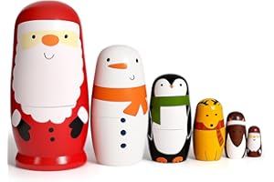 AMOR PRESENT 6PCS Christmas Nesting Dolls for Kids, Handmade Wood Stacking Set Matryoshka Dolls for Toddlers Christmas Party