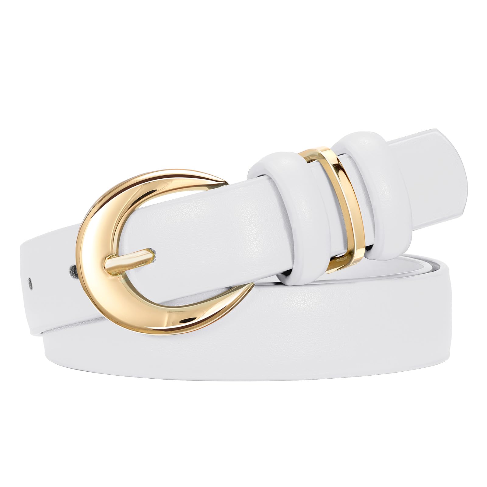Photo 1 of SUOSDEY Women Leather Belt for Jeans Pants Fashion Ladies Skinny Dress Waist Belt with Gold Buckle,0.9" Width,white belt