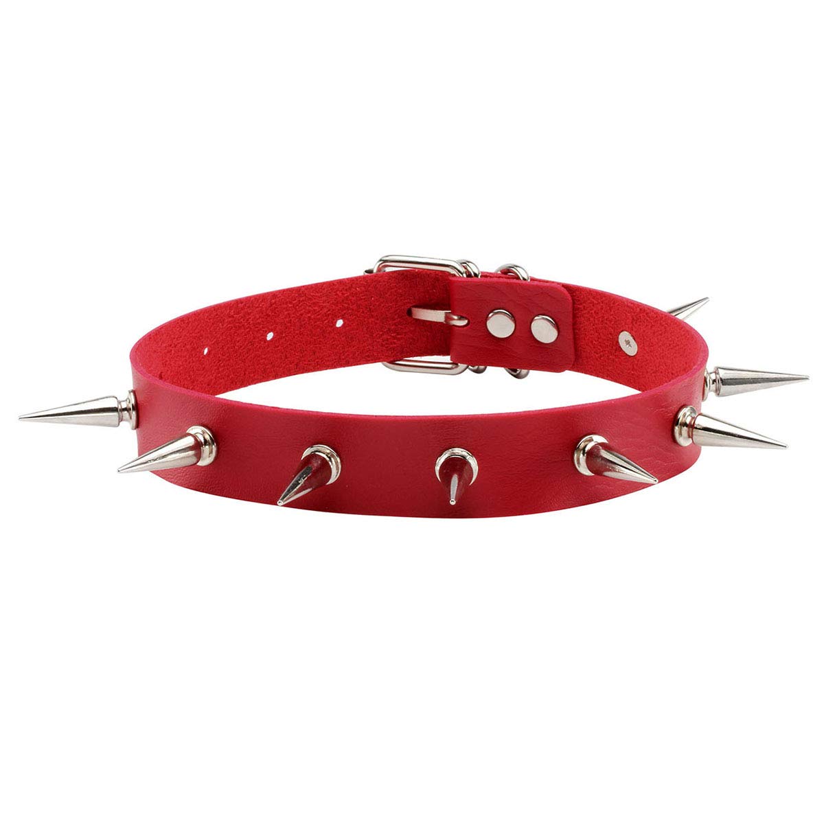 Eigso Punk Leather Necklace Choker for Women Men Red Classic Studded Spikes Goth Collar for Woman Man