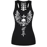 Womens Cut Out Skull Graphic Tank Tops Sleeveless Workout Tee Shirts | crewneck,80s Concert Outfits,Vintage Shirts,Rock Tshirts,Halloween shirts
