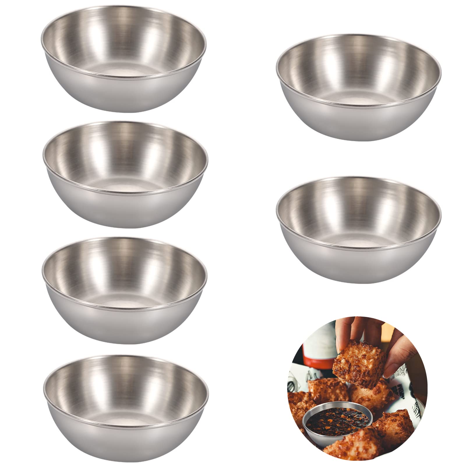6Pcs Seasoning Dishes Dip Bowls Stainless Steel Sauce Dishes Round Condiment Sauce Cups Snack Bowls Sushi Dip Bowls for Dips Appetizers Snacks