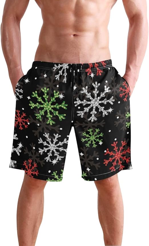 JECERY Men's Swim Trunks Christmas Colorful Snowflake Quick Dry Board