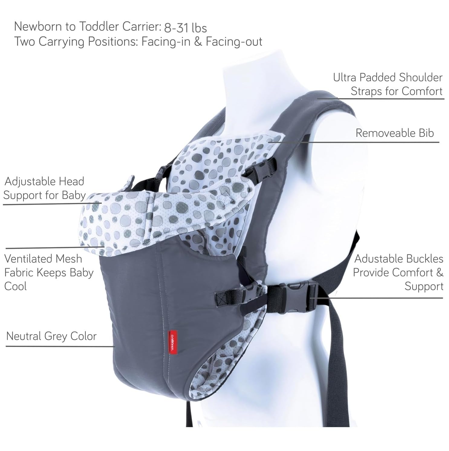 Nuby Classic Baby Carrier: Newborn to Toddler |Face-in and Face-Out Carrier | Grey | Lightweight & Comfortable |Removeable Baby Drool Bib | 8-35 lb. (3.6-14 kg)