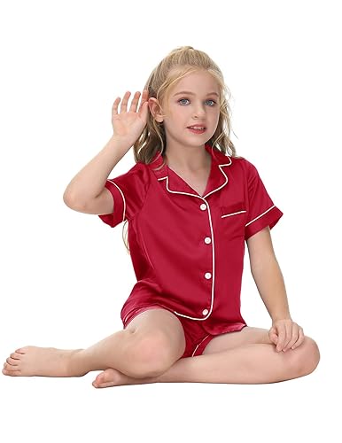 Veseacky Little Girls Boys Satin Silk Pajamas Set Button-Down