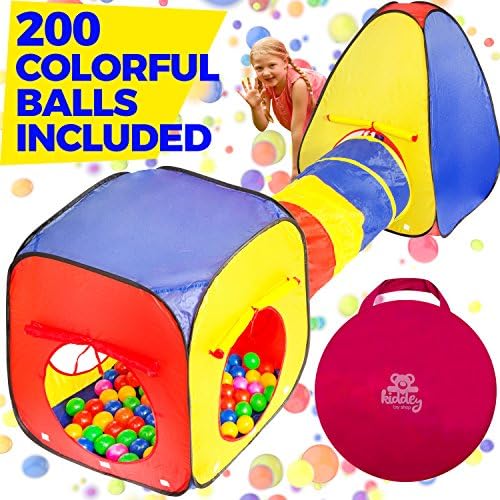Kiddey 3pc Play tent Kids Ball Pit - 200 Balls, Cubby-Tunnel-Teepee, W/ 200 Crush Proof Balls - Great Gift for Boys & Girls, Toddlers & Babies – Indoor/Outdoor, Carrying Bag for Balls and Play Tent