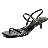 JustFab Kitten Heels for Womens Square Open Toe Slip on Heels Strappy Sandals Comfort Dress Party Shoes - NICOLE(10, Black)