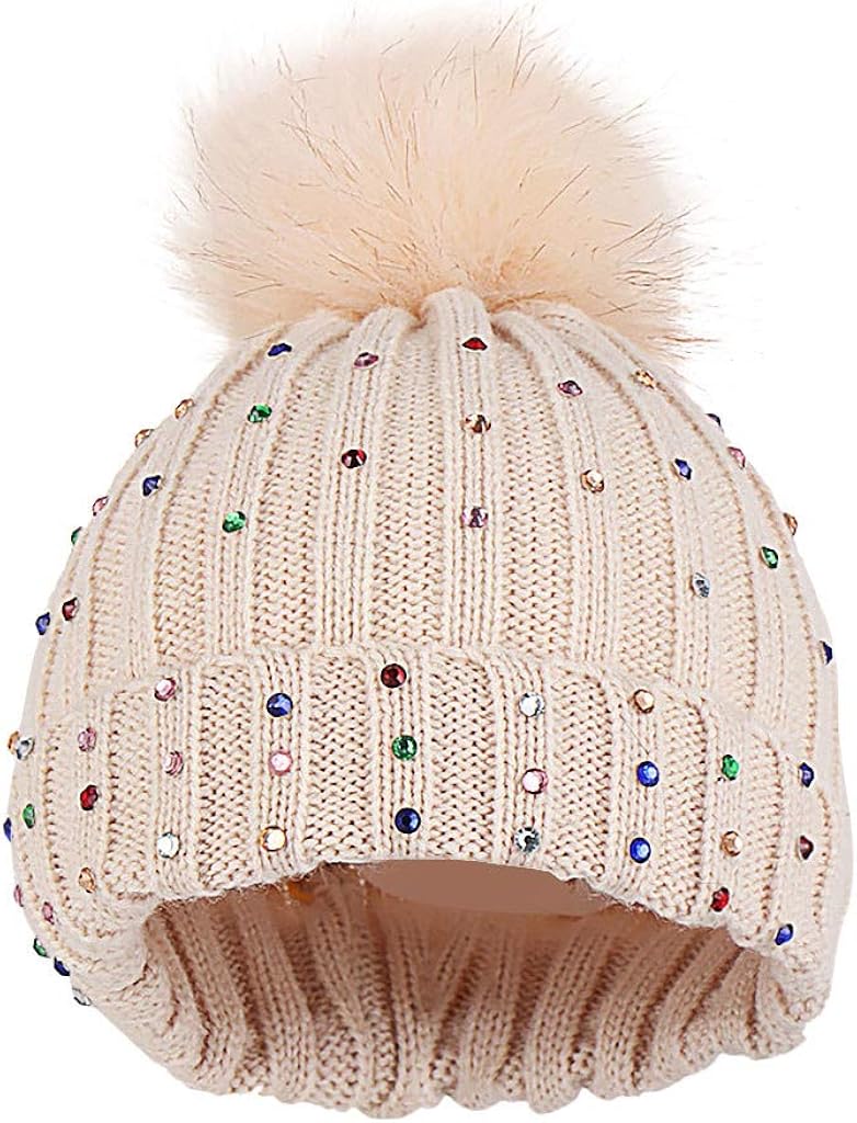 Amazon Com Baby Girls Knitting Hat Infant Winter Crochet Fur Hairball Hat Beanies Cap Kids Toddler Rhinestone Wool Pom Pom Hat Beige Free Size Clothing