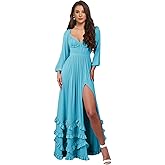 KDJZDE Tiered Ruffle Bridesmaid Dresses for Wedding Long Sleeve V Neck Formal Evening Party Dress with Slit