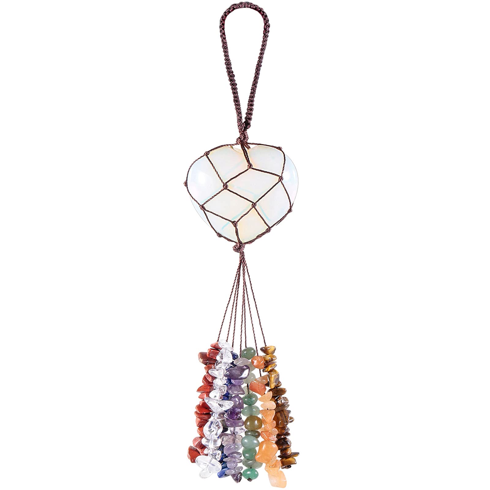 Nupuyai Opalite Heart Crystal Stone Tassel Hanging Ornament, Fengshui Crystals 7 Chakra Reiki Healing Ornament for Home Car Good Luck Wedding Decor