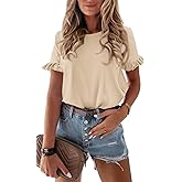 PRETTYGARDEN Women's Short Sleeve Casual T Shirts Summer Ruffle Plain Round Neck Loose Fit Tee Blouse Tops