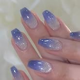 Hkanlre Bling Coffin Press on Nails Fake Nails Tips Full Cover Medium False Gradient Nails for Women and Girls 24PCS (Blue gr
