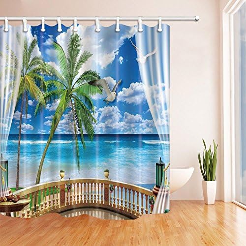 SZDR Sea Decoration Series - The Coconut Tree with Wooden Railing Viiew the Seaside Shower Curtain With 69X70 inch Proof Polyester Fabric Bathroom Perfect Decoration Shower Curtain (Multi21)