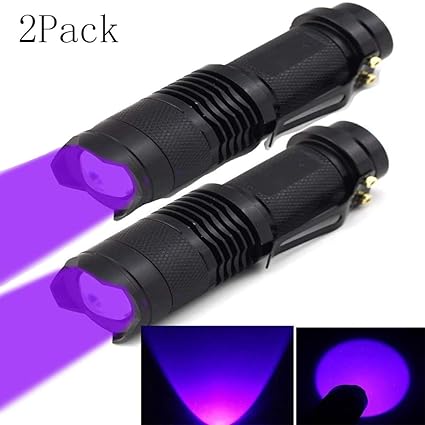 2Pack Mini UV Ultravioleta Antorcha LED, Zoomable 3Mode Ultraviolet LED Blacklight Flashlight, Detector portátil