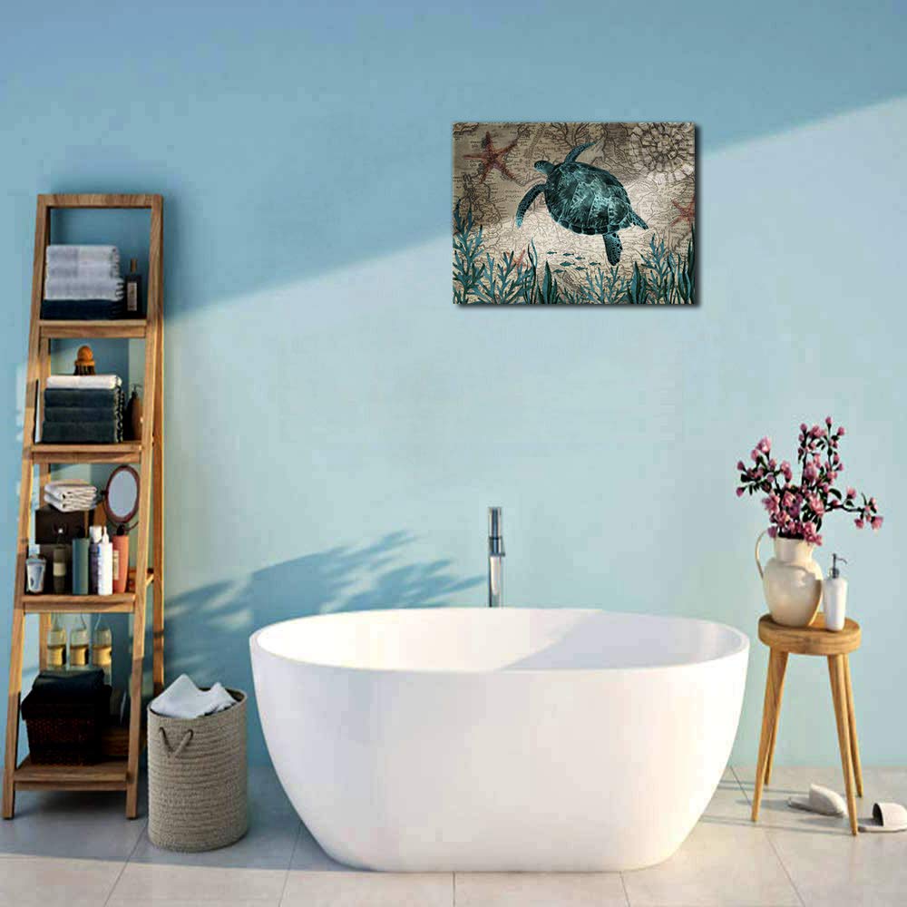 Sea Turtle Canvas Wall Art for Bathroom Decor Green Turtle Painting Pictures Ocean Nautical Canvas Artwork for Living Room Bedroom Office Kitchen Kids Room Decoration 12\