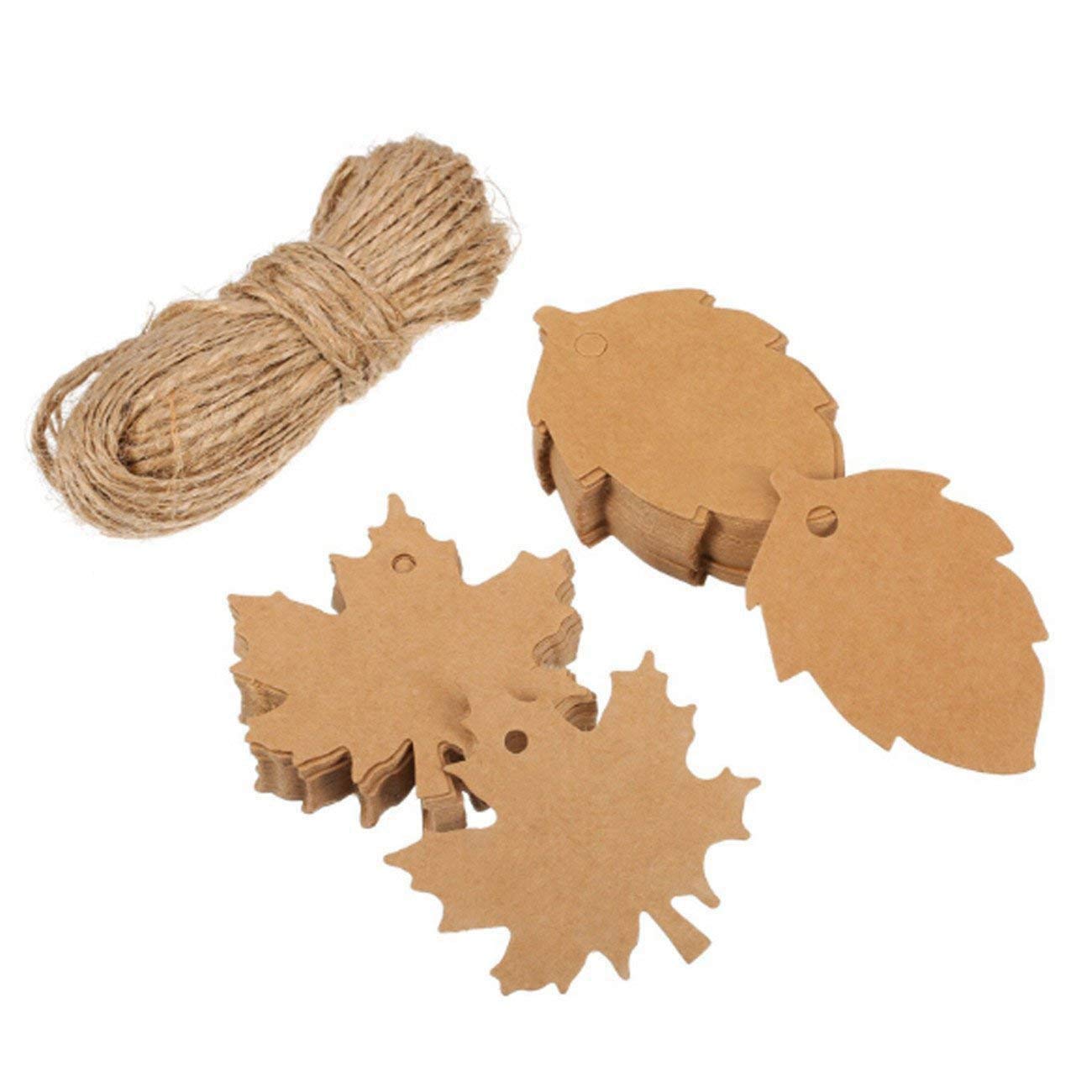 SZETOSY Leaf Gift Tags With Twine - GOODCHANCEUK 200 Pieces Kraft Paper Maple and Leaf Gift Hanging Label For Christmas Thanksgiving Wedding Halloween DIY Gift Tags With 20M Rope Each Pattern 100Pcs