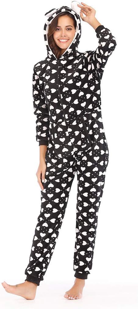 Franterd Women Flannel Jumpsuit Holiday Playsuit Heart Print Hooded Harem Onesies Pajama Pants