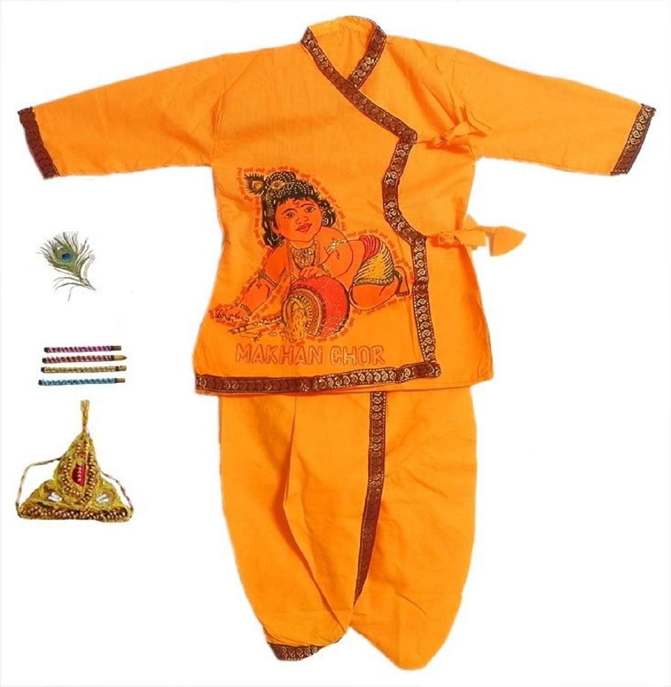 Boy's Cotton Morepankh Embroidery Design Kurta and Dhoti Krishna Costume (Yellow, 14)