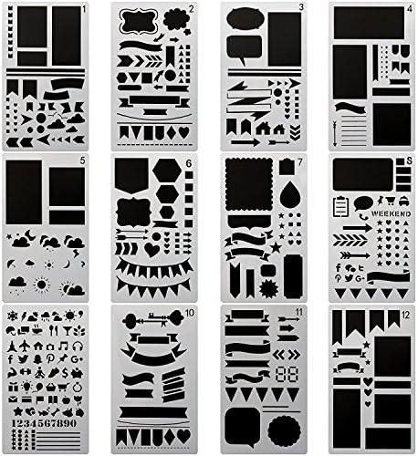 12pcs Bullet Journal Stencil Set, Graphics Stencils, DIY Drawing Template Stencil for Journal,Notebook,Diary,Scrapbook-4x7 Inch