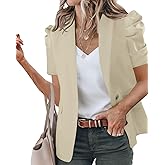Newffr Womens Summer Blazers Casual Short Puff Sleeve Open Front Office Blazers Bussiness Jackets Work Suit Khaki