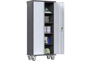 JAORD 71" Tall Metal Storage Cabinets with Wheels and 4 Adjustable Shelves, Lockable Metal Rolling Cabinet, Metal Cabinet on Wheels, Tool Storage Cabinet with Wheels, Assembly Required