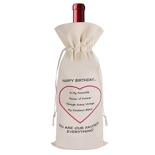 Raheem Birthday Bottle Bag Cotton Wine Gift Bag Drawstring Wine Bottle Cover for Birthdays Unique "Flavour of Forever" Design Ideal for Wine Lovers Partners and Special Occasions 16x34cm