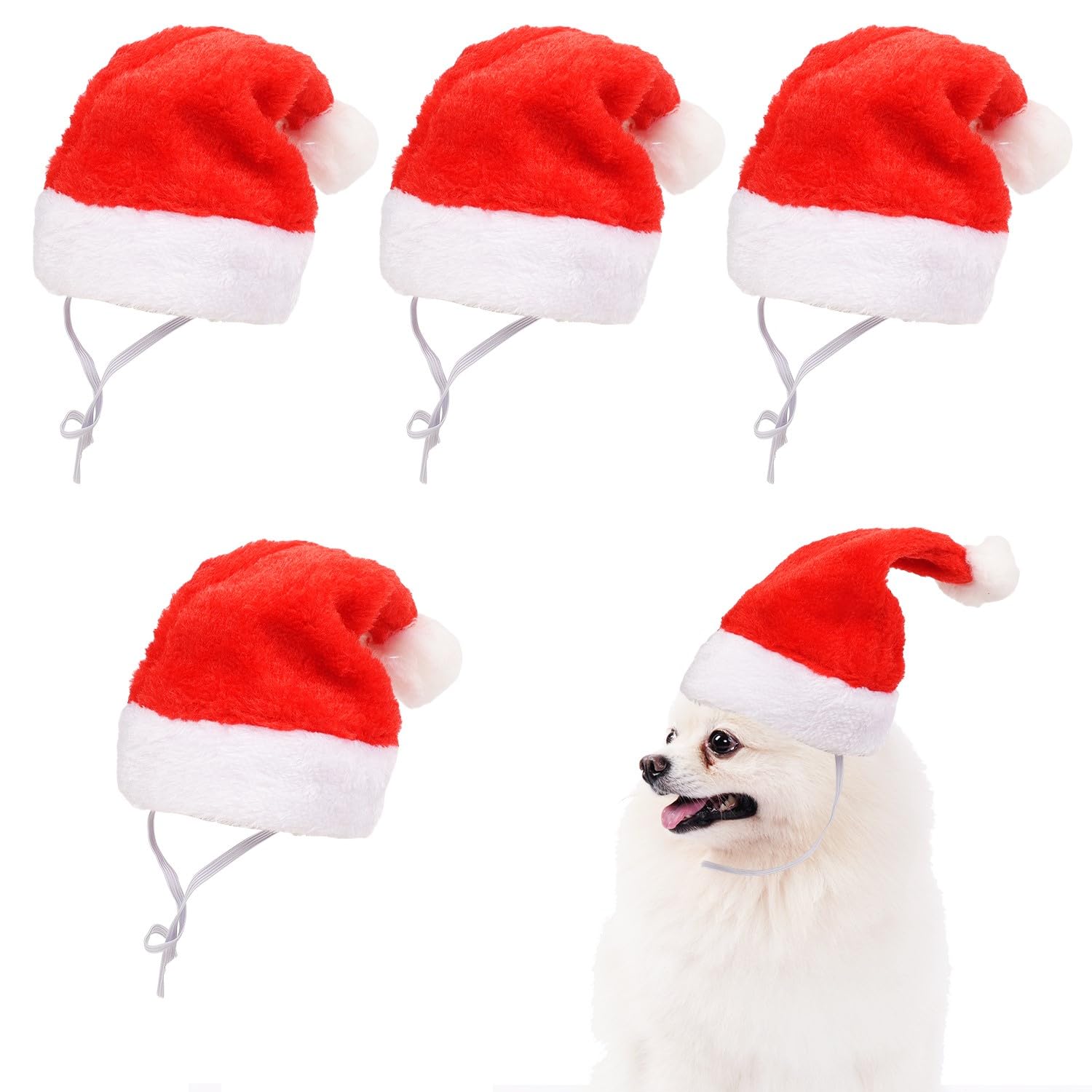 UNVOJL 4 Packs Classic Red Xmas Pet Hats with Elastic Band - Soft Santa Hat Pet Photo Props for Festival, New Year
