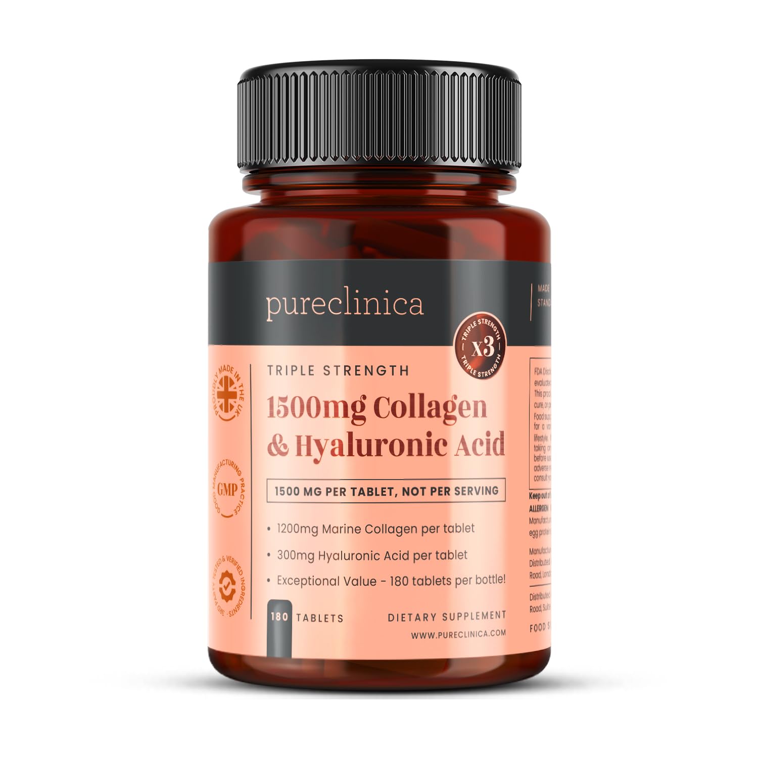 UltraColl Collagen & Hyaluronic Acid 1500mg – 180 Tablets (6 Month Supply) | High Strength Marine Collagen Types I, II, III, VII | Anti-Ageing, Skin Elasticity, Joint Support, UK Made