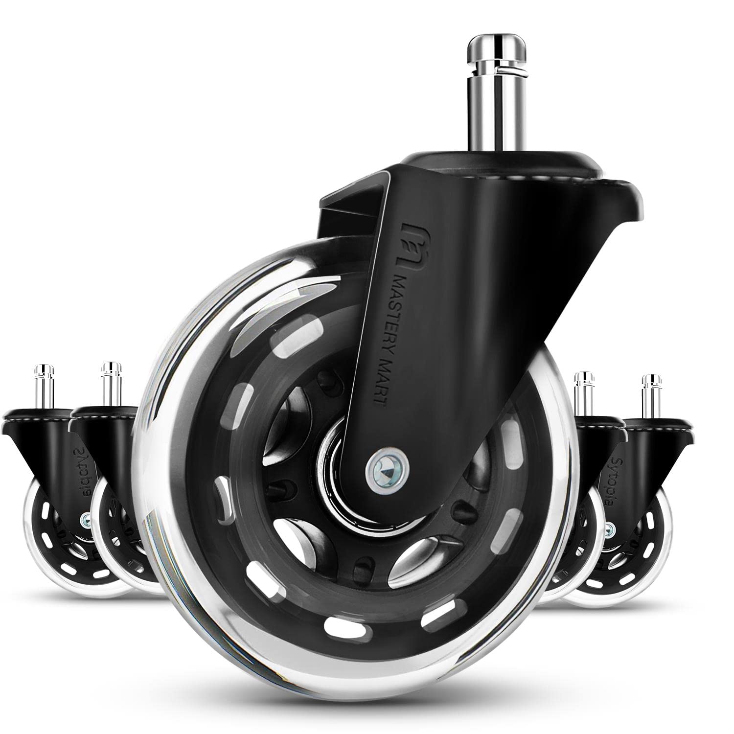 Mastery Mart Office Chair Wheels Replacement- 11x22mm Rubber Office Chair Castors, Smooth & Silent on Hardwood & Carpet, Heavy Duty and Floor Protecting (Not for 1KEA Chairs, Set of 5, Black)