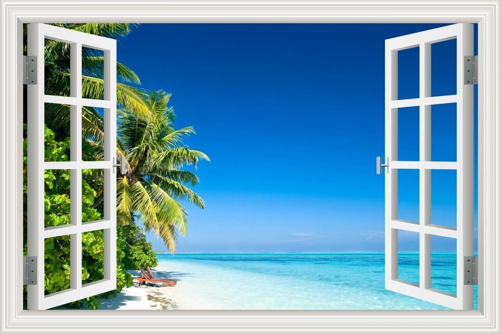 3D Vinyl Wall Decals Beach Theme Window Frame Style Palm Tree Ocean Wall Decor Stickers Removable Seascape Mural Art Poster for Living Room-32"x48"