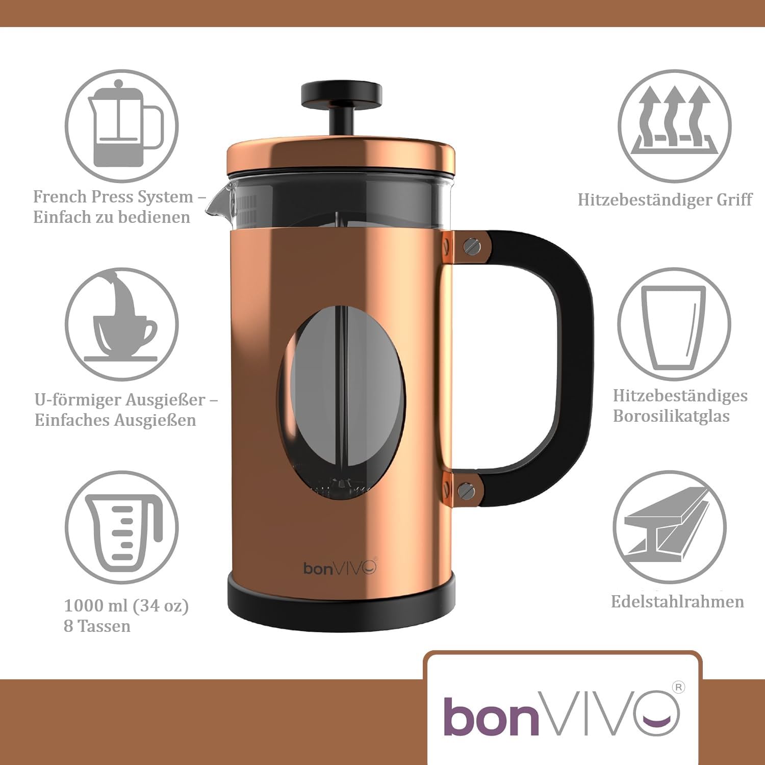 bonVIVO French Press 1L Kupfer-Optik – Kaffeepresse 8 Tassen 5