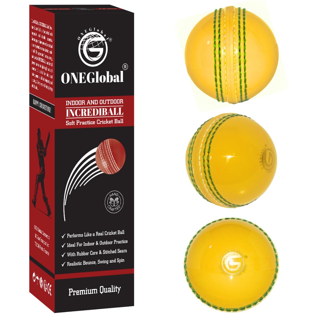ONEGlobal Incrediball Soft Practice Cricket Ball | Outdoor & Indoor Rubber Cricket Ball With Core & Stitched Seam | For Practice, Training & Family Fun | Senior & Junior Size (3 Yellow V2, Senior)