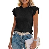 CHICME Round Neck Ruffles Short Sleeve Knit Top Women Hollow Out Heart Pattern Casual Chic Daily Wear Pre Fall Spring Summer