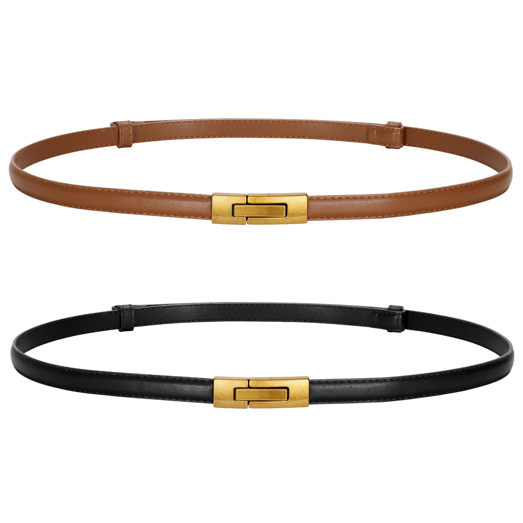 2 Pack Skinny Leather Belts for Women Thin Waist Belt with Gold Buckle LS Clasp Leather Skinny Belt main image 4