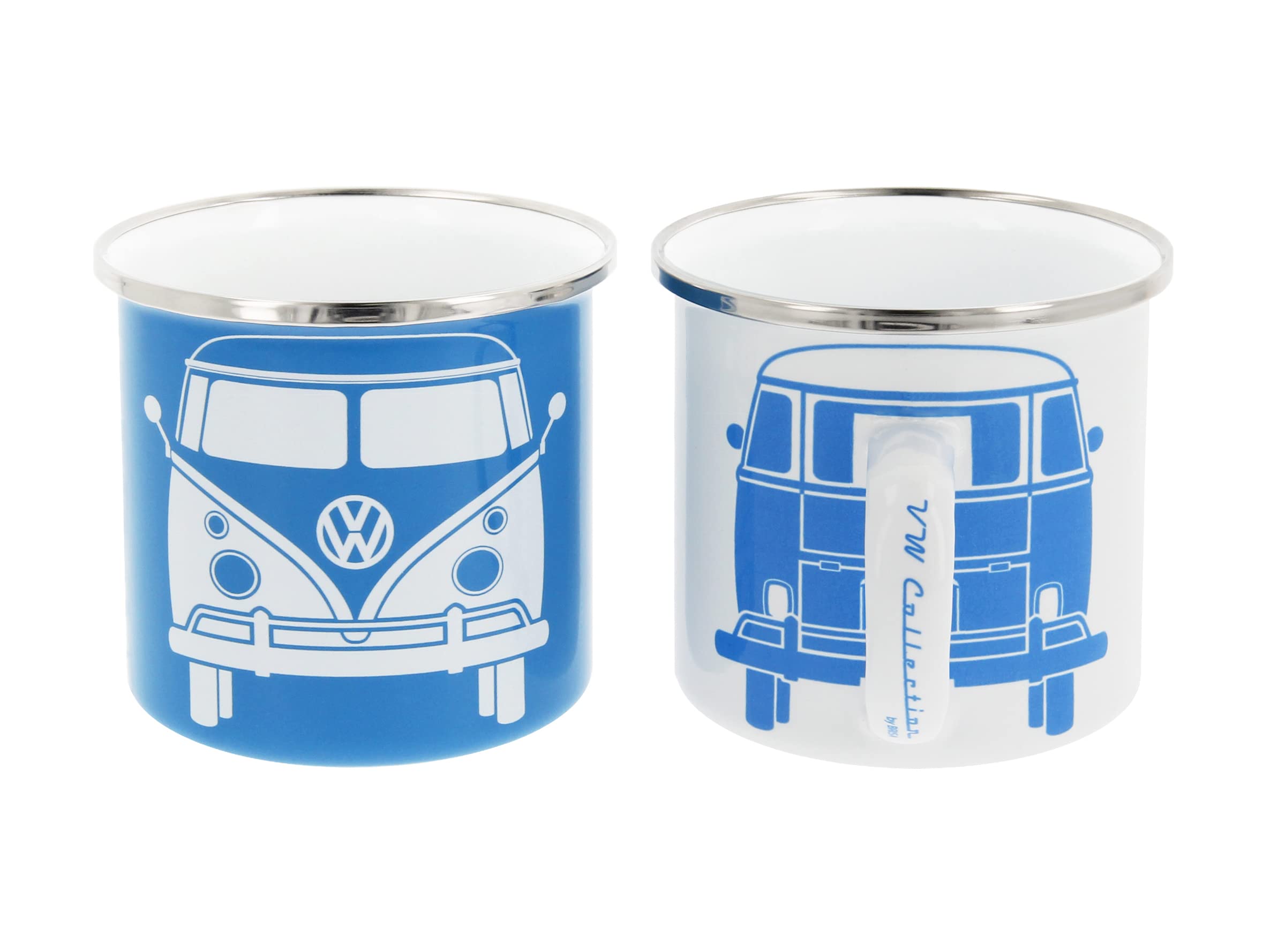 BRISA VW Collection - Volkswagen 2-Piece Enamel Coffee-Tea Mug Cup Set for Camping & Outdoor T1 Bus (White/Blue)
