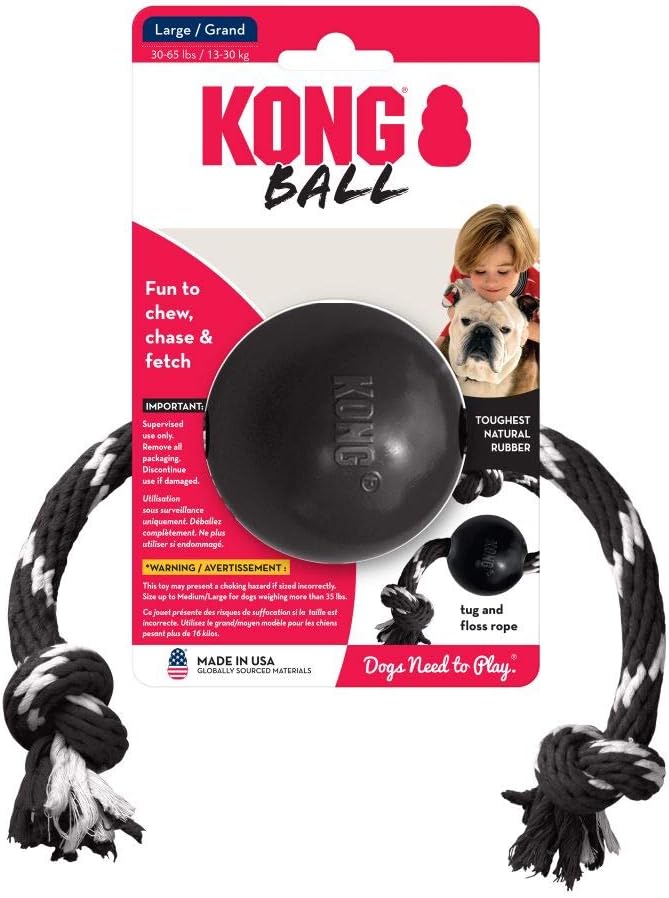 KONG Extreme Ball with Rope - Durable Natural Rubber Dog Fetch Toy with Rope for Easy Throwing - for Large Dogs Black