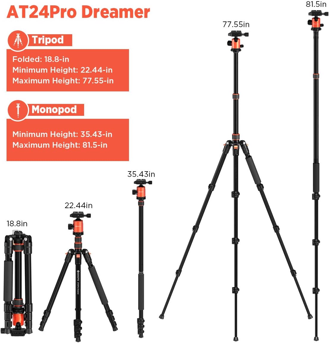 GEEKOTO 77'' Tripod, Camera Tripod for DSLR, Compact Aluminum Tripod with 360 Degree Ball Head and 8kgs Load for Travel and Work : Camera & Photo