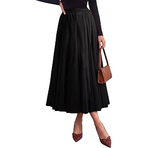 BLENCOT Womens Tulle Midi Skirt A-Line Long Flowy Skirt | Double-Layer Elastic Waist Pleated Long Tutu Skirts for Women Fall