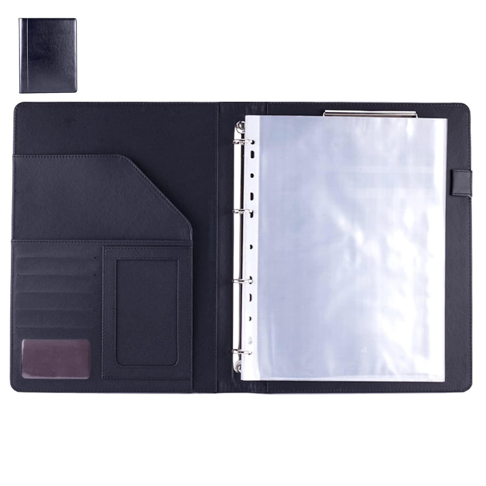 Photo 1 of Enyuwlcm PU Leather Padfolio Ring Binder with Clipboard Resume Leather Portfolio with 20 Clear Plastic Sleeves Black