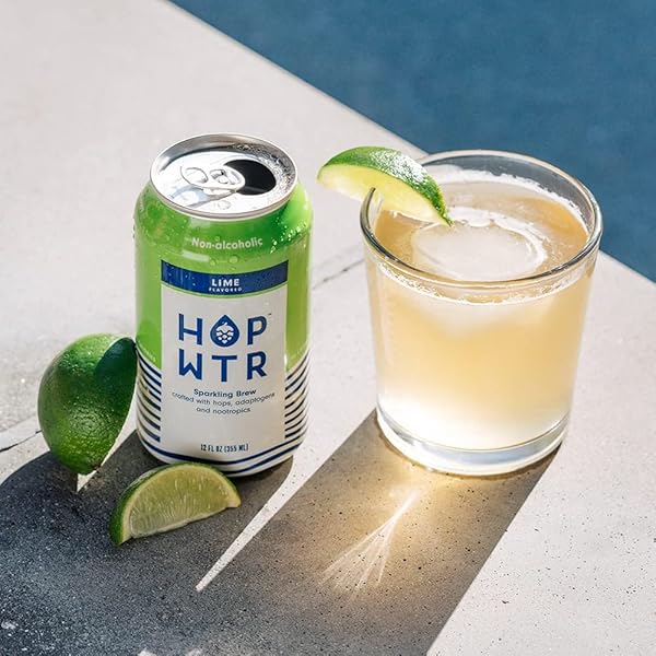 HOP WTR SPARKLING HOP WATER, LIME 12 PACK, SUGAR FREE, LOW CARB NON ALCOHOLIC DRINKS, NA BEER, ADAPTOGEN DRINK, NO CALORIES, ADAPTOGENS & NOOTROPICS FOR ADDED BENEFITS, 12 OZ CANS