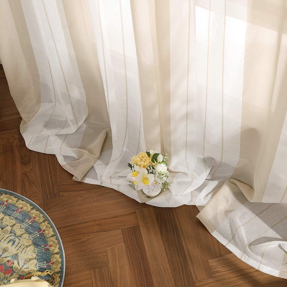 MIULEE Voile Curtains Classic Striped Curtain Translucent Soft Elegant Modern Light Filtering Transparent Eyelet Top Window Curtain Polyester for Bedroom Living Room 2 Panels 55"Wx96"L 140x245cm Beige - Image 4