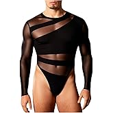 OYOANGLE Men's Long Sleeve Sheer Bodysuit Crew Neck Slim Fit Mesh Shirt Y2K Party Clubwear Streetwear