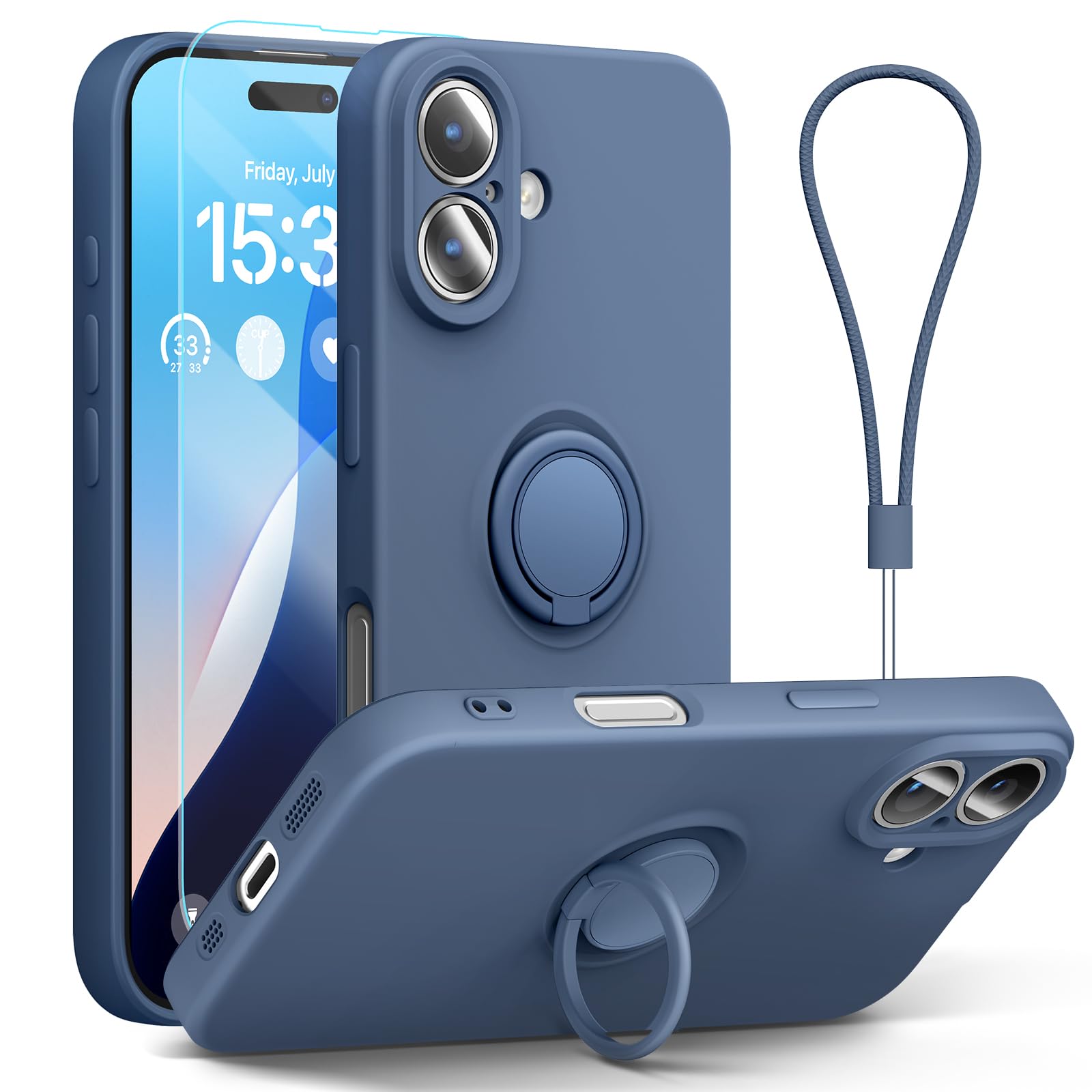 abitku for iPhone 16 Case with Ring Stand, Liquid Silicone Slim Design Support Magnetic Car Mount (with Wrist Strap Lanyard) Phone Cover for iPhone 16 6.1 inch, (Blue)