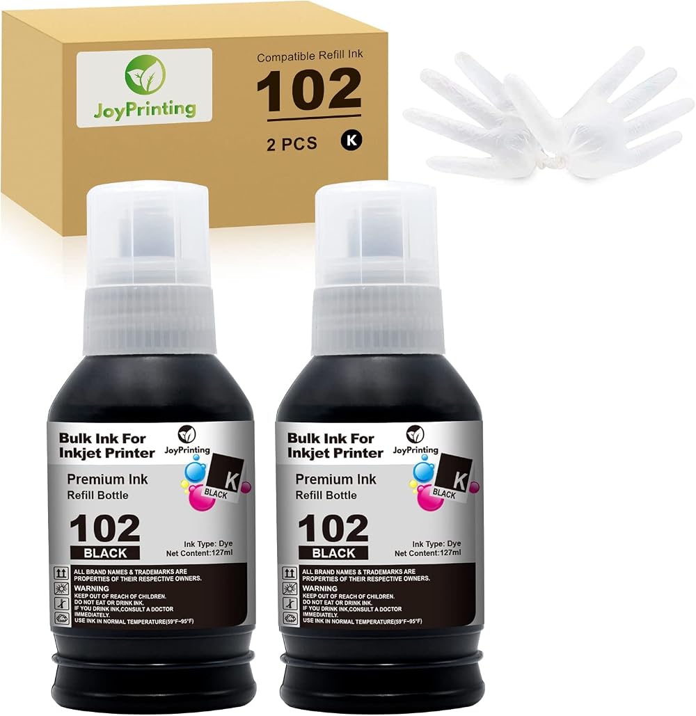 JoyPrinting 102 Ink Bottle Replacement for Epson EcoTank 2-Pack Black 127ml