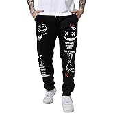 WDIRARA Men's Graphic Print Knot Front Sweatpants Drawstring Elastic Waist Trousers with Pockets