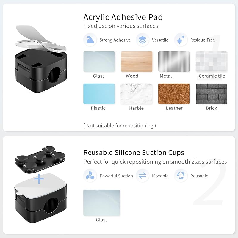 Set di clip per cavi magnetici da 6 pezzi con 6 ventose in silicone per la cable management | Fermacavi Organizzatore di cavi magnetic cable clips per casa, ufficio, scrivania, auto, muro e comodino
